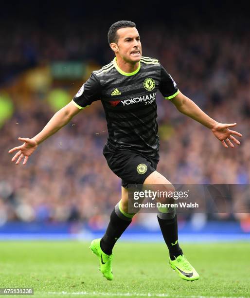 Pedro of Chelsea celebrates scoring his sides first goal during the Premier League match between Everton and Chelsea at Goodison Park on April 30,...