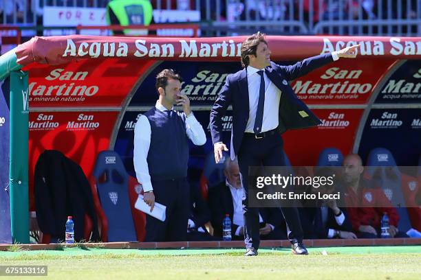 Cagliari's coach Massimo Rastelli reacts during the Serie A match between Cagliari Calcio and Pescara Calcio at Stadio Sant'Elia on April 30, 2017 in...