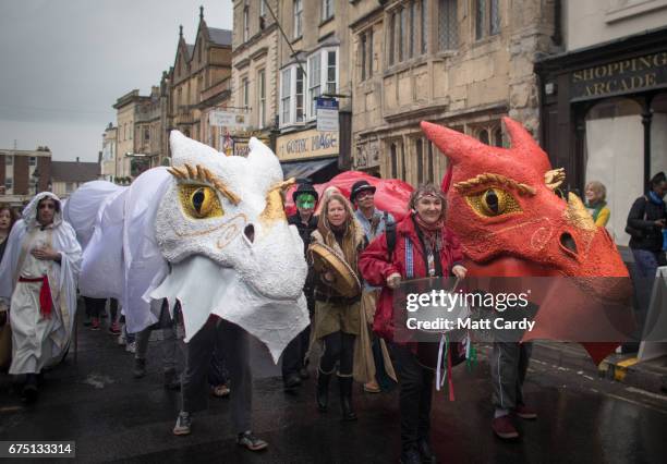 The Glastonbury Dragons are paraded through the town as part of the Glastonbury Dragon's May Fayre which is part of the town's Beltane and May Day...