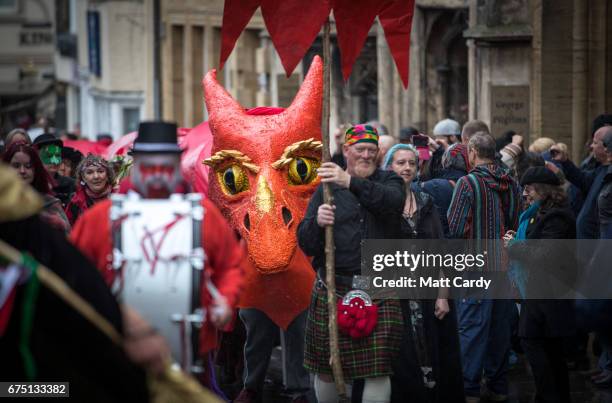 The Glastonbury Dragons are paraded through the town as part of the Glastonbury Dragon's May Fayre which is part of the town's Beltane and May Day...