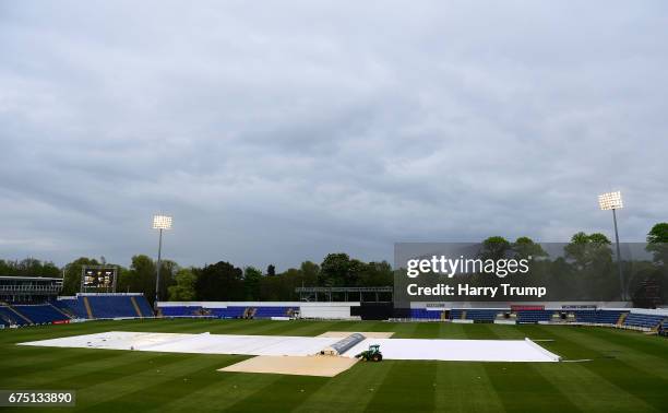 Rain stops play during the Royal London One-Day Cup match between Glamorgan and Surrey at the Swalec Stadium on April 30, 2017 in Cardiff, Wales.