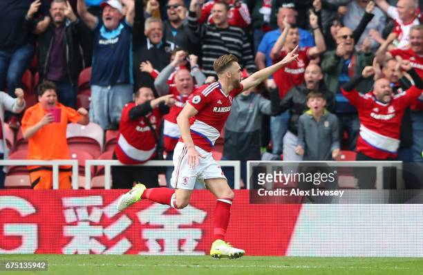 Calum Chambers of Middlesbrough celebrates scoring his sides second goal during the Premier League match between Middlesbrough and Manchester City at...