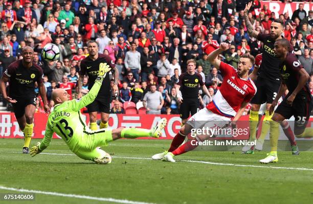 Calum Chambers of Middlesborough scores his team's second goal during the Premier League match between Middlesbourgh and Manchester City at Riverside...