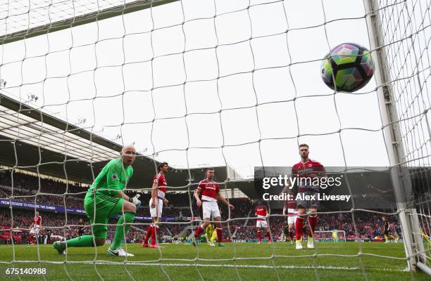 Gabriel Jesus of Manchester City scores his sides second goal past Brad Guzan of Middlesbrough during the Premier League match between Middlesbrough...