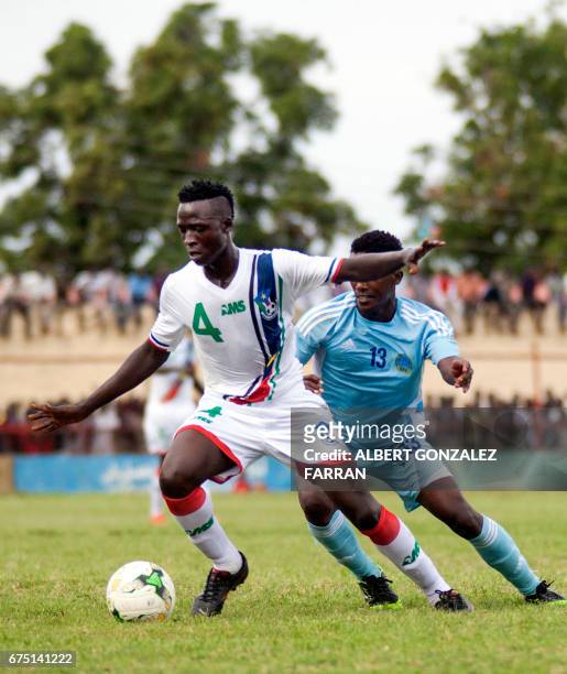 South Sudan's defender James Hassan controls the ball during the first round African Nations Championship qualifying football match between South...