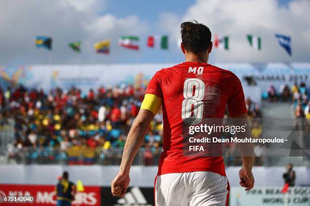 Detailed view as Mo Jaeggy of Switzerland gets ready as a substitute during the FIFA Beach Soccer World Cup Bahamas 2017 group A match between...