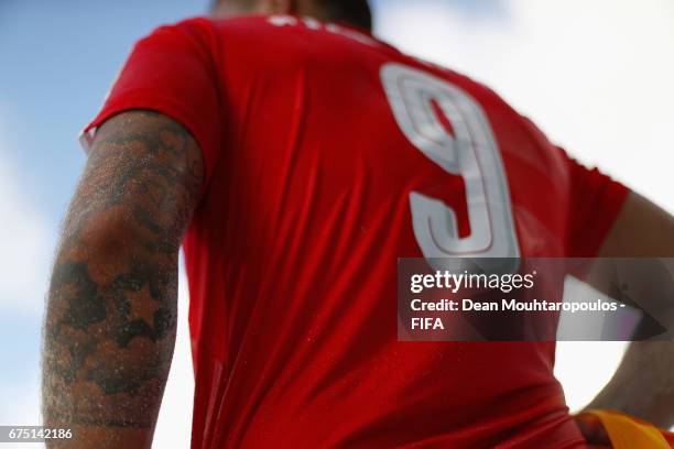 Detailed view as Dejan Stankovic of Switzerland gets ready as a substitute during the FIFA Beach Soccer World Cup Bahamas 2017 group A match between...