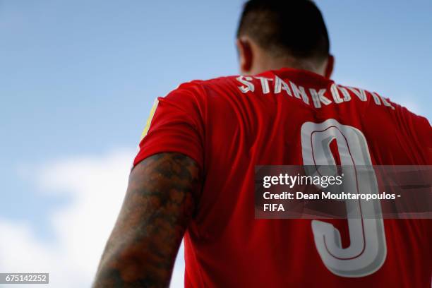 Detailed view as Dejan Stankovic of Switzerland gets ready as a substitute during the FIFA Beach Soccer World Cup Bahamas 2017 group A match between...