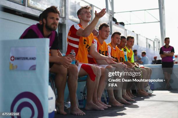 General view of Glenn Hodel of Switzerland on the bench during the FIFA Beach Soccer World Cup Bahamas 2017 group A match between Switzerland and...