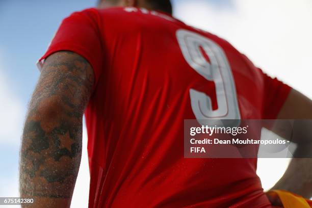 Detailed view as Dejan Stankovic of Switzerland gets ready as a substitute during the FIFA Beach Soccer World Cup Bahamas 2017 group A match between...