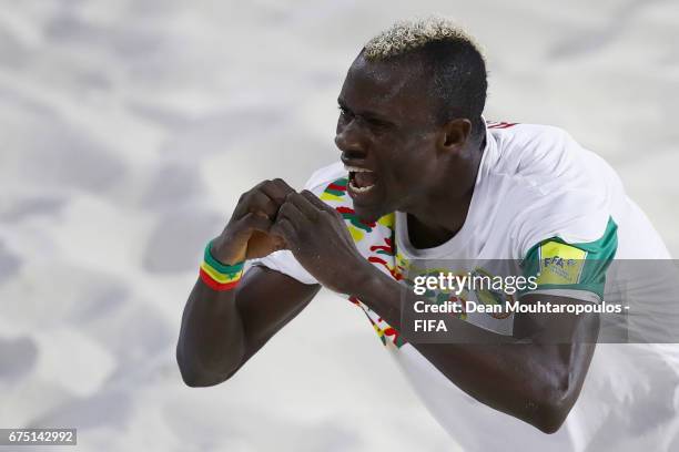 Ibrahima Balde of Senegal celebrates scoring a goal during the FIFA Beach Soccer World Cup Bahamas 2017 group A match between Senegal and Bahamas at...