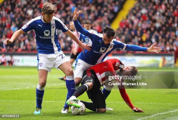 Kieron Freeman of Sheffield United striggles to keep hold of the ball after a tackle during the Sky Bet League One match between Sheffield United and...