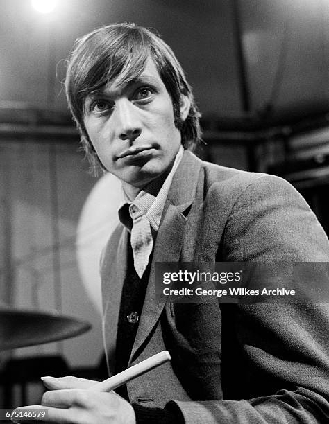 English drummer Charlie Watts of The Rolling Stones, during rehearsals for an episode of the Friday night TV pop/rock show 'Ready Steady Go!', at...