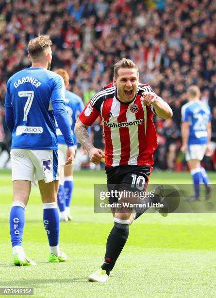 Billy Sharp, Captain of Sheffield United celebrates scoring the second goal during the Sky Bet League One match between Sheffield United and...