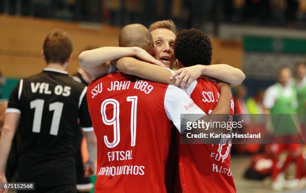 Marcus Vinicius Da Silva Lima of Jahn Regensburg celebrates the goal with teammates during the Deutsche Futsal Meisterschaft between VFL 05...