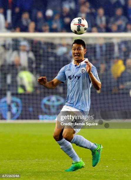 Roger Espinoza of Sporting Kansas City in action during the game against Real Salt Lake at Children's Mercy Park on April 29, 2017 in Kansas City,...