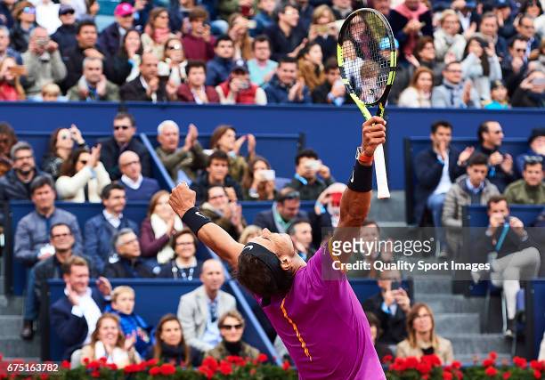 Rafael Nadal of Spain celebrates after winning his match against Dominic Thiem of Austria during the Day 6 of the Barcelona Open Banc Sabadell at the...