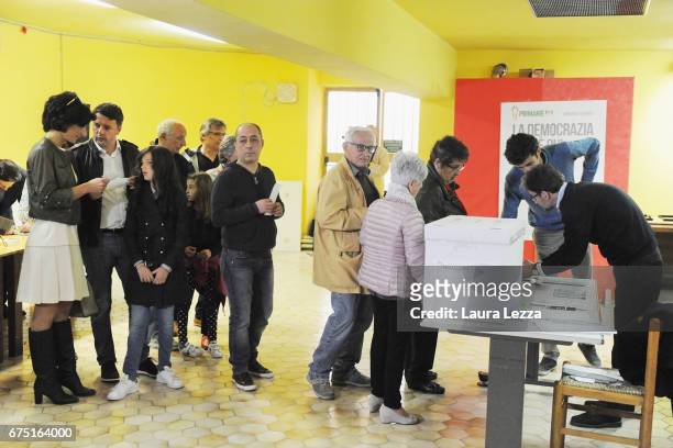 Former Italian Prime Minister and PD secretary Matteo Renzi queueing to cast his vote for Democratic Party leadership primaries on April 30, 2017 in...