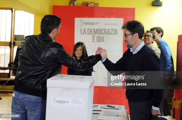 Former Italian Prime Minister and PD secretary Matteo Renzi casts his vote for Democratic Party leadership primaries on April 30, 2017 in...