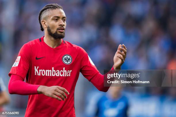 Michael Hector of Frankfurt reacts during the Bundesliga match between TSG 1899 Hoffenheim and Eintracht Frankfurt at Wirsol Rhein-Neckar-Arena on...