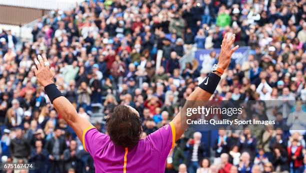 Rafael Nadal of Spain celebrates after winning his match against Dominic Thiem of Austria during the Day 6 of the Barcelona Open Banc Sabadell at the...