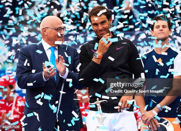 Rafael Nadal of Spain celebrates after winning his match against Dominic Thiem of Austria during the Day 6 of the Barcelona Open Banc Sabadell at the...