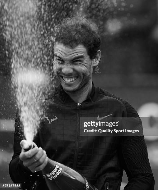 Rafael Nadal of Spain celebrates with the trophy after winning his match and become Champion of the Barcelona Open Banc Sabadell against Dominic...