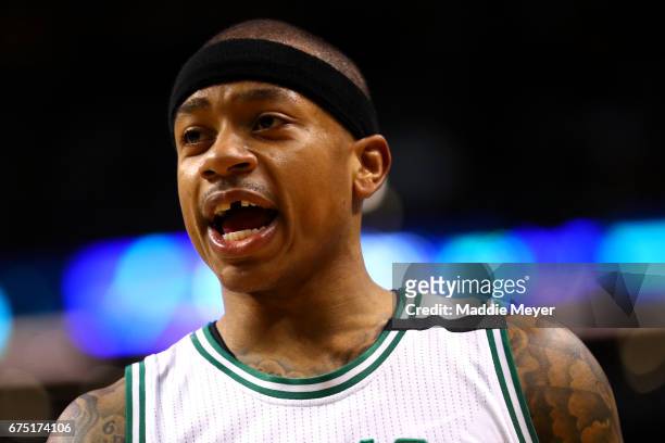 Isaiah Thomas of the Boston Celtics reacts during the second quarter of Game One of the Eastern Conference Semifinals against the Washington Wizards...