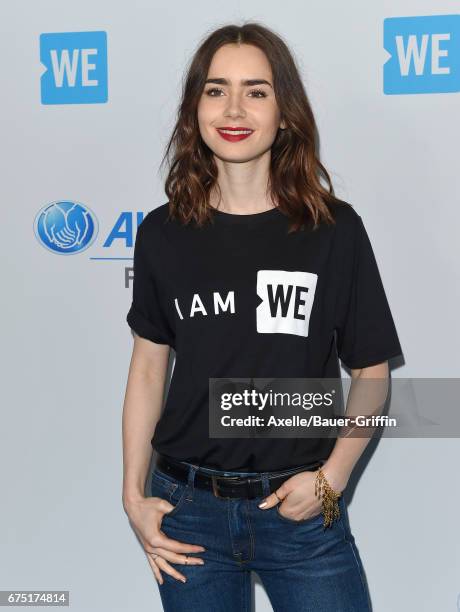 Actress Lily Collins arrives at We Day California 2017 at The Forum on April 27, 2017 in Inglewood, California.