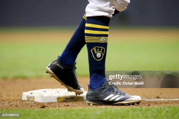 Detail view of the Adidas cleats worn by Keon Broxton of the Milwaukee Brewers in the fifth inning against the Atlanta Braves at Miller Park on April...