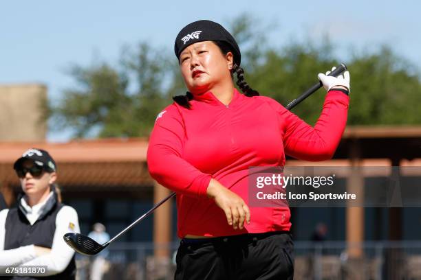 Christina Kim hits her tee shot on during the final round of the LPGA Volunteers of America Texas Shootout on April 30, 2017 at Las Colinas Country...