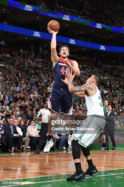 Andrew Nicholson of the Washington Wizards shoots the ball against the Boston Celtics in Game One of the Eastern Conference Semifinals of the 2017...