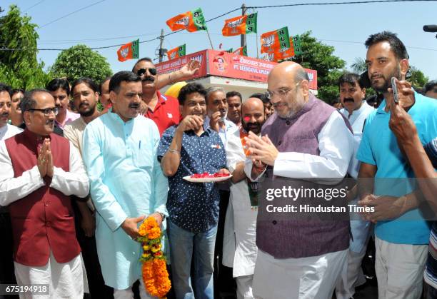 National President Amit Shah on the inauguration of Library at BJP office during his two day visit to Jammu on April 30, 2017 in Jammu, India.