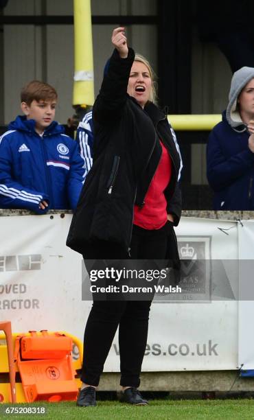 Manager Emma Hayes of Chelsea during the FA WSL 1 match between Chelsea Ladies and Yeovil Town Ladies at Wheatsheaf Park on April 30, 2017 in...