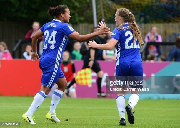 Drew Spence of Chelsea celebrates with team mate Erin Cuthbert after scoring with a header to out her side 3-0 up during the FA WSL 1 match between...