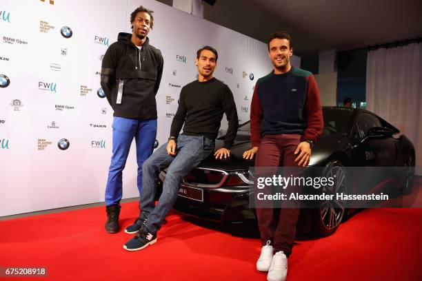 Gael Monfils, Fabio Fognini and Roberto Bautista Agut arrive at the Players Night of the 102. BMW Open by FWU at Iphitos tennis club on April 30,...