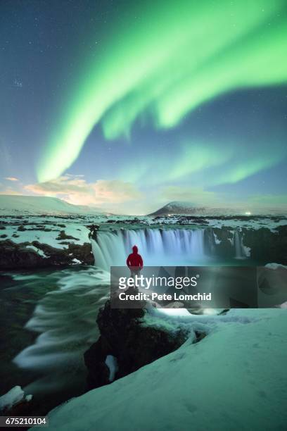 godafoss aurora with the man - antarctica people stock pictures, royalty-free photos & images