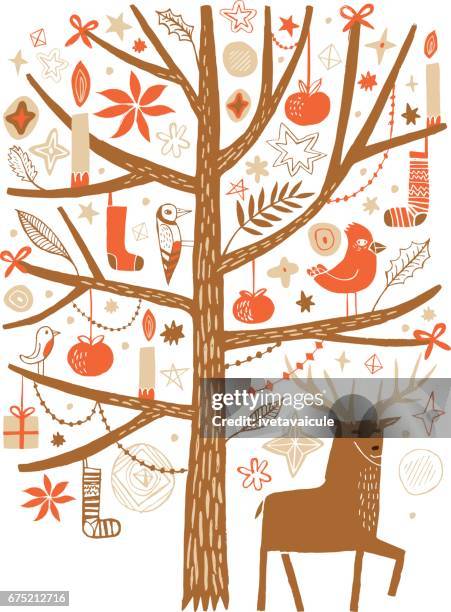 deer under the decorated festive tree - christmas in the woods stock illustrations