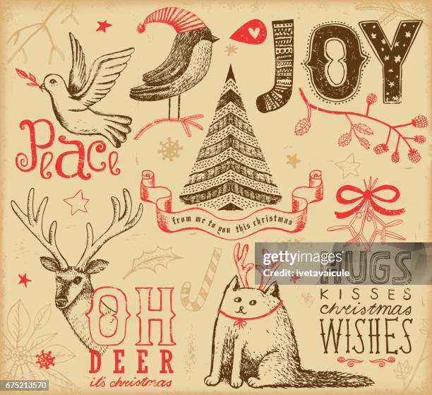ilustraciones, imágenes clip art, dibujos animados e iconos de stock de elementos de navidad hechos a mano - christmas letter