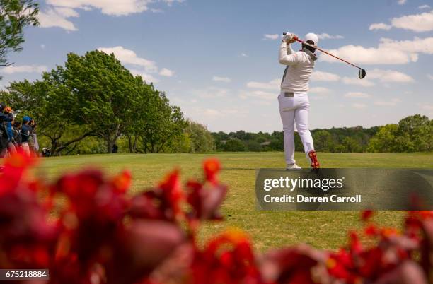 Haru Nomura of Japan plays her tee shot at the tenth hole during the final round of the Volunteers of America North Texas Shootout at Las Colinas...