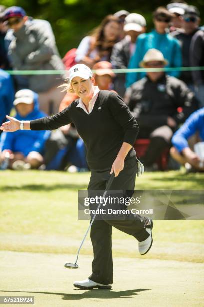 Cristie Kerr of the United States reacts to making a birdie putt at the eighth hole during the final round of the Volunteers of America North Texas...