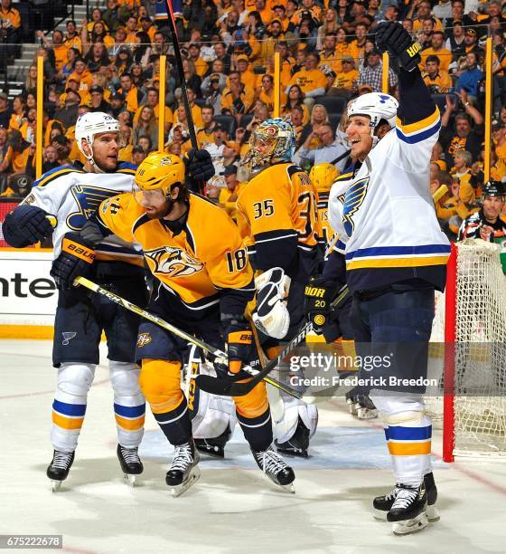 Alexander Steen of the St. Louis Blues celebrates after scoring a goal against the Nashville Predators during the second period in Game Three of the...