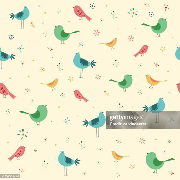 hand drawn seamless birds pattern - cute animals stock illustrations