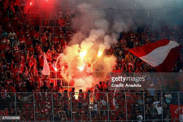 Fans of Spartak Moscow during the Russia Premiere League football match between CSKA Moscow and Spartak Moscow at CSKA Arena in Moscow, Russia, on...