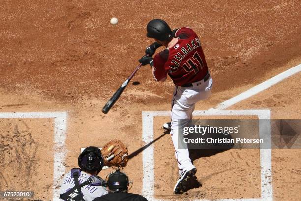 Jeremy Hazelbaker of the Arizona Diamondbacks bats against the Colorado Rockies during the first inning of the MLB game at Chase Field on April 30,...