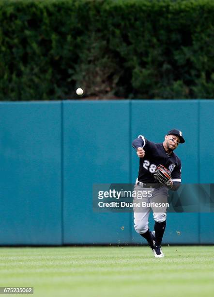 Center fielder Leury Garcia of the Chicago White Sox throws in the fly ball hit by Tyler Collins of the Detroit Tigers during the fourth inning at...