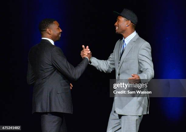 Basketball league President and Commissioner Roger Mason Jr. Greets Derrick Byars after he was selected seventh overall at Planet Hollywood Resort &...