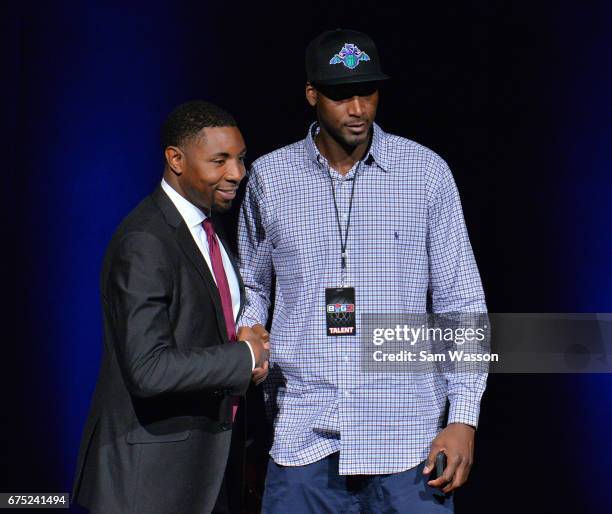 Basketball league President and Commissioner Roger Mason Jr. Greets Kwame Brown after he was selected fifth overall at Planet Hollywood Resort &...