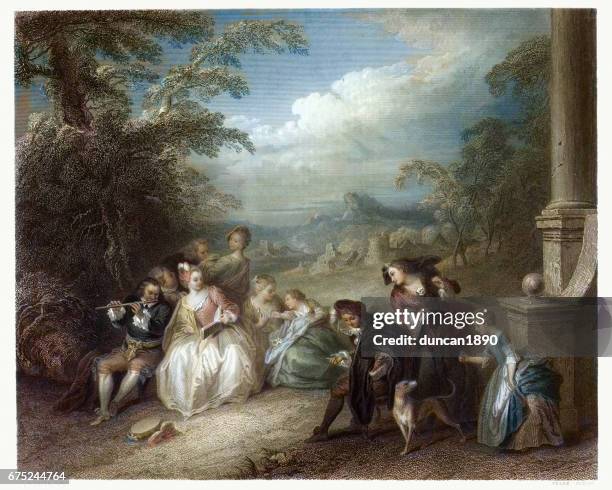 fete champetre with a flute player c.1720 - fine art stock illustrations