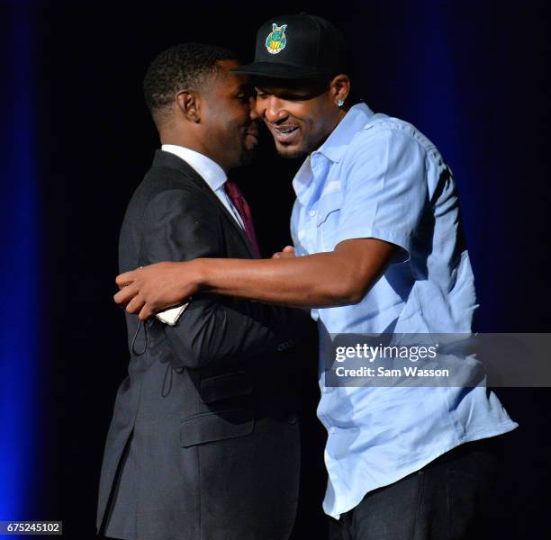 Basketball league President and Commissioner Roger Mason Jr. Greets Dominic McGuire after he was selected in the 2017 BIG3 draft at Planet Hollywood...